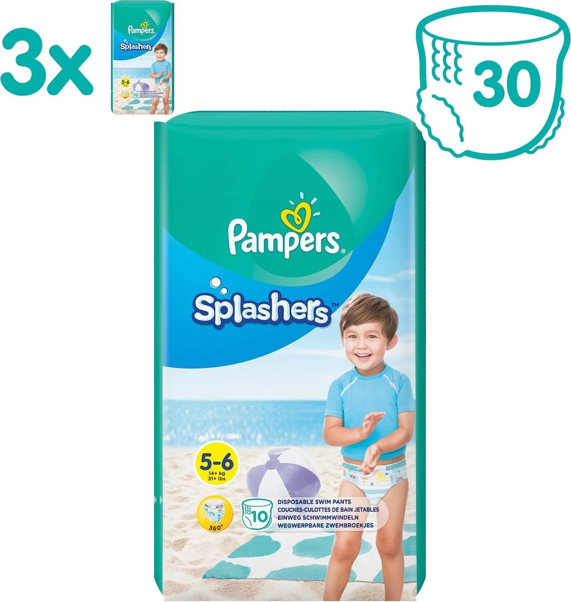 Pampers® Pampers Splashers Wegwerpbare Zwemluiers - Maat 5-6 (14+ Kg) - 30 Stuks - Voordeelverpakking 3 Pampers® Pampers Splashers Wegwerpbare Zwemluiers - Maat 5-6 (14+ Kg) - 30 Stuks - Voordeelverpakking