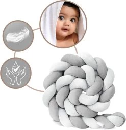 Bedbumper - Bedomrander - Bedbumper Ledikant - Bedbumper Gevlochten - Boxomrander - Babykamer Accessoires - 2 Meter - Katoen - Grijs/wit -Babyproducten 1173x1200 9