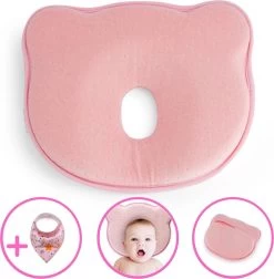 Baby IQ Orthopedisch Baby Hoofdkussen – Traagschuim – Tegen Plat Achterhoofd – Kraamcadeau –Roze – Incl Bandana Slabber