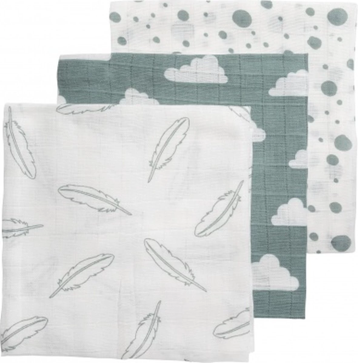 Meyco Clouds/Dots/Feathers Hydrofiele Doeken - 3-pack - Stone Green - 70x70cm 5 Meyco Clouds/Dots/Feathers Hydrofiele Doeken - 3-pack - Stone Green - 70x70cm - Afbeelding 3