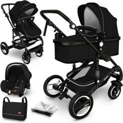 KIDUKU- 3 In 1 Combi-kinderwagen- Zwart- Buggy Incl. Autostoeltje-regenhoes- Inklapbaar