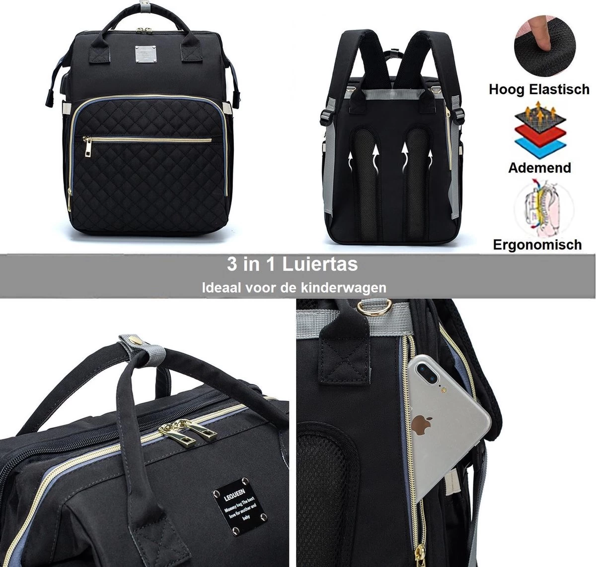 Luiertas - Multifuctioneel Luiertas 3 In 1 - Met Babybedje - Met Verschoningsmatje - Zwart - Met Usb - Met Verdikt Matras 11 Luiertas - Multifuctioneel Luiertas 3 In 1 - Met Babybedje - Met Verschoningsmatje - Zwart - Met Usb - Met Verdikt Matras - Afbeelding 9