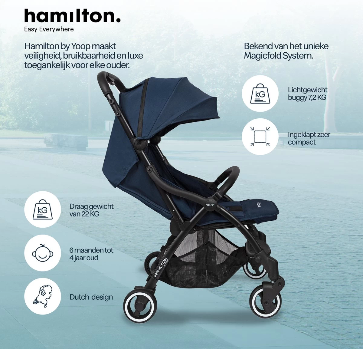 Hamilton By Yoop One Prime X1 Buggy - Premium Stroller Met One Hand Folding Technologie - Blauw - Lichte, Verstelbare En Wendbare Kinderwagen Met Vele Gemakken 7 Hamilton By Yoop One Prime X1 Buggy - Premium Stroller Met One Hand Folding Technologie - Blauw - Lichte, Verstelbare En Wendbare Kinderwagen Met Vele Gemakken - Afbeelding 5