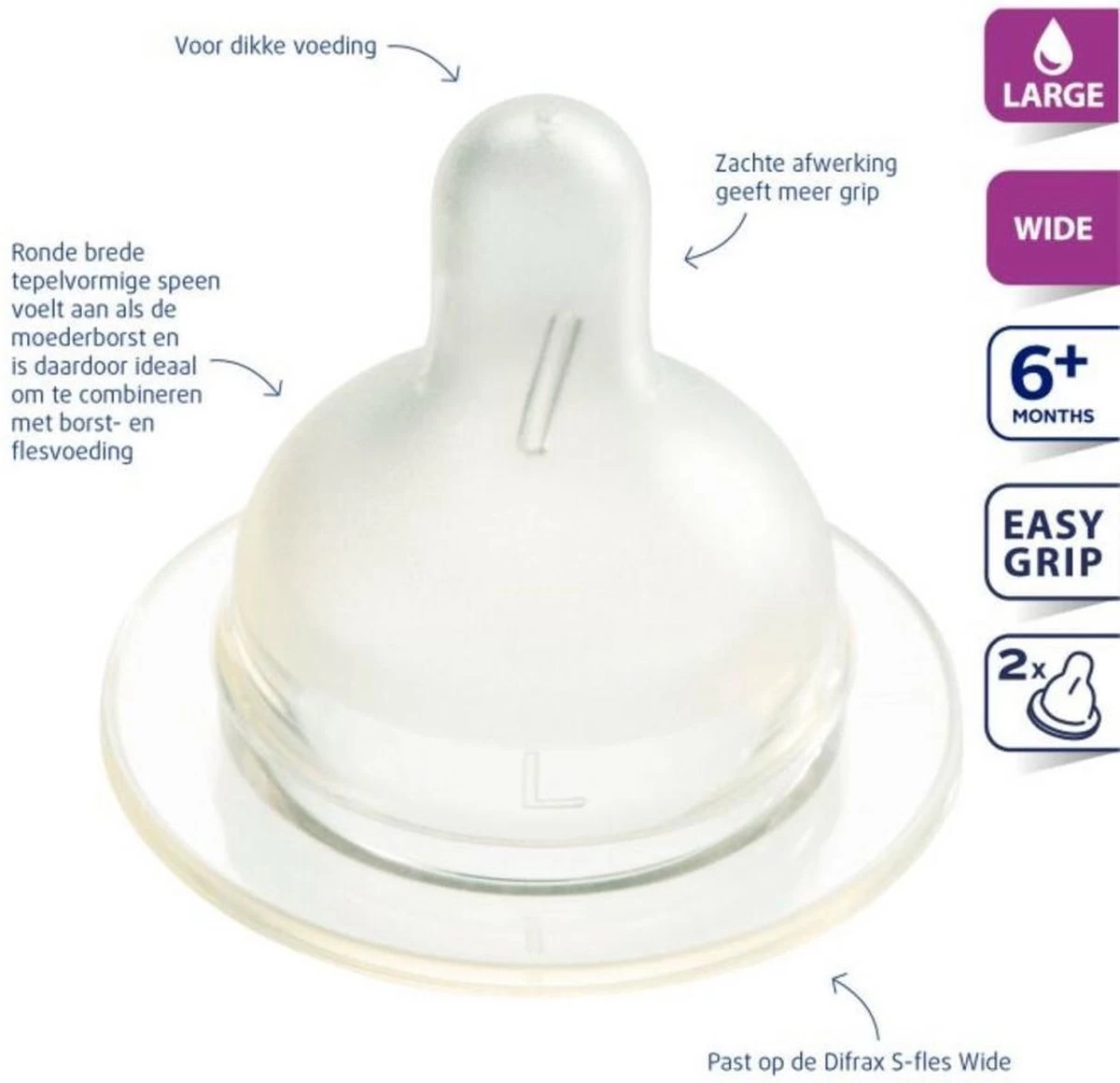 Difrax Flessenspeen Wide Voor Brede Babyflessen - Maat Large - 2 Stuks 4 Difrax Flessenspeen Wide Voor Brede Babyflessen - Maat Large - 2 Stuks - Afbeelding 2