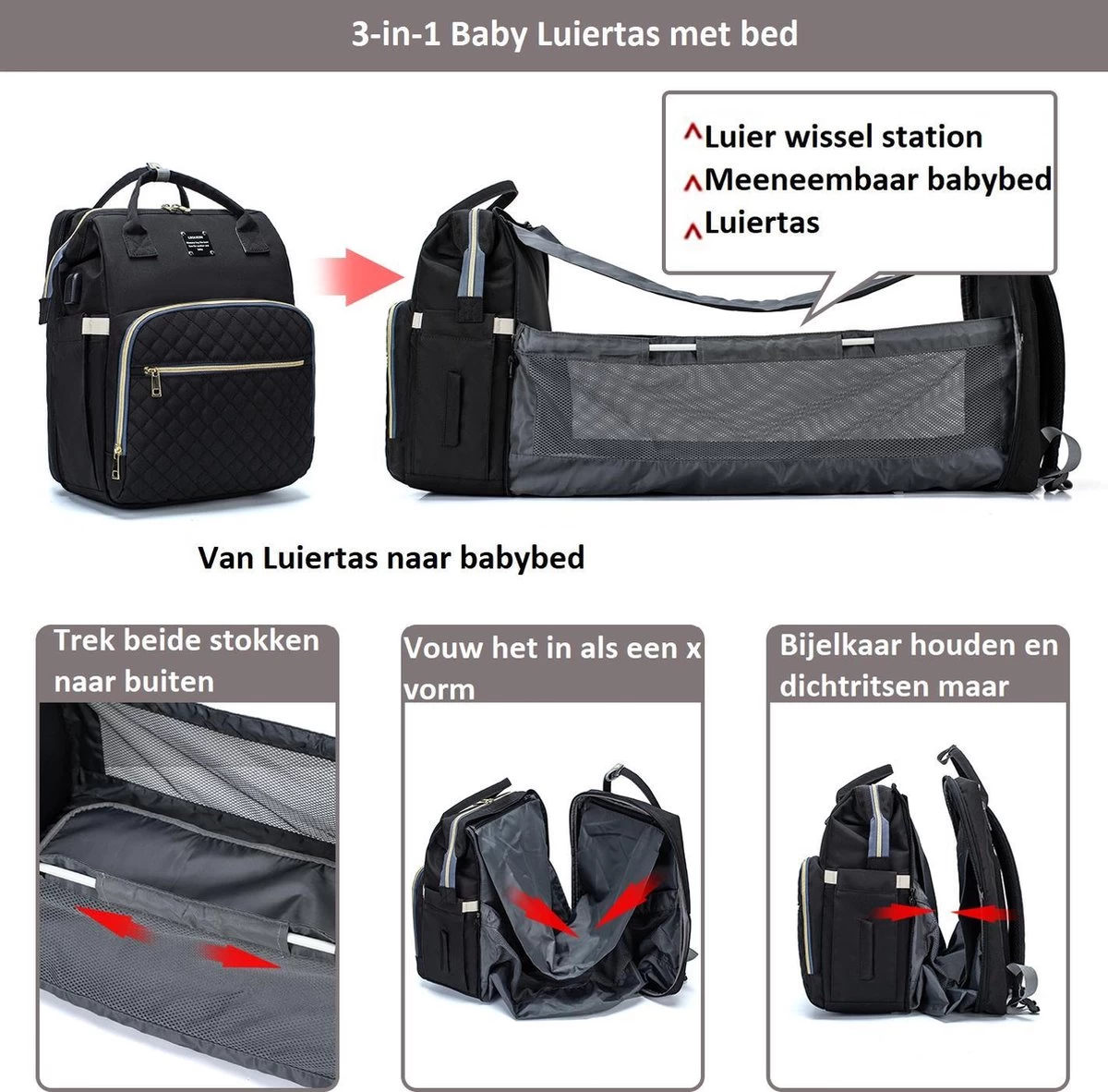 Luiertas - Multifuctioneel Luiertas 3 In 1 - Met Babybedje - Met Verschoningsmatje - Zwart - Met Usb - Met Verdikt Matras 12 Luiertas - Multifuctioneel Luiertas 3 In 1 - Met Babybedje - Met Verschoningsmatje - Zwart - Met Usb - Met Verdikt Matras - Afbeelding 10