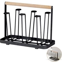 Flessenrek - Droogrek Babyfles - Flessen Rek Baby - Flessendroogrek - Afdruiprek - Afwasrek - Flessenrekje - Lekbak - Égouttoir - Zwart Met Houten Handvat - Vetalo