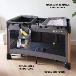 Deryan Luxe Campingbed Compleet - 120x60cm - Bodemverhoger - Verschoonblad - Opbergmand - Grijs -Babyproducten 1200x1200 1638