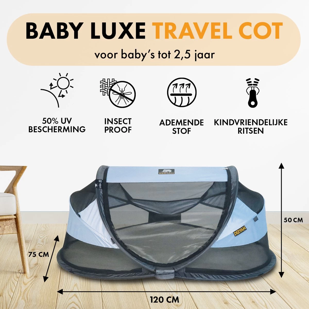 Deryan Baby Luxe Campingbedje – Inclusief Zelfopblaasbare Matras - Blue 4 Deryan Baby Luxe Campingbedje – Inclusief Zelfopblaasbare Matras - Blue - Afbeelding 2