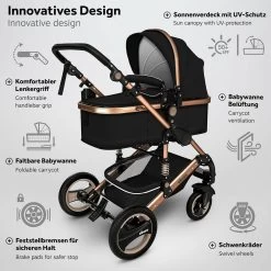 KIDUKU- 3 In 1 Combi-kinderwagen- Zwart/goud- Buggy Incl. Autostoeltje-regenhoes- Inklapbaar -Babyproducten 1200x1200 2034
