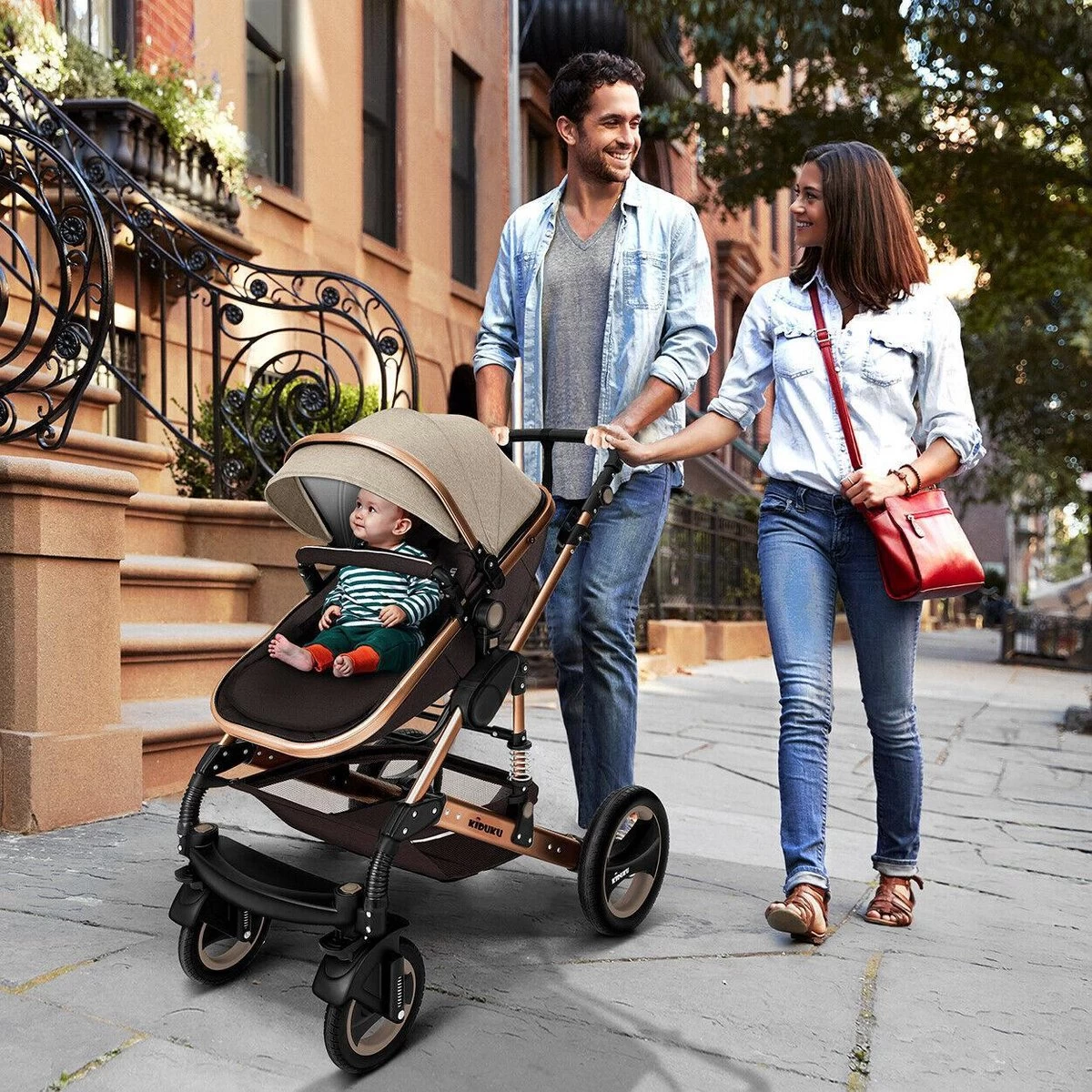 KIDUKU- 3 In 1 Combi-kinderwagen- Bruin/goud- Buggy Incl. Autostoeltje-regenhoes- Inklapbaar 6 KIDUKU- 3 In 1 Combi-kinderwagen- Bruin/goud- Buggy Incl. Autostoeltje-regenhoes- Inklapbaar - Afbeelding 4
