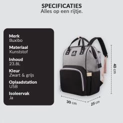 Buxibo Luier- En Verzorgingstas Inclusief USB Oplaadstation - Baby Rug Tas Met Isoleervak - Diaper Backpack Bag - Reis Rugzak - Grote Capaciteit - 23.8L - Zwart -Babyproducten 1200x1200 309