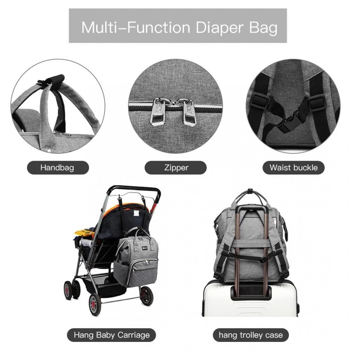 Miss Lulu Luiertas Rugzak - Luiertas Met USB Oplaadstation - Baby Tas Inclusief Buggy En Kinderwagen Haken - Grijs (E6705USB GY) 6 Miss Lulu Luiertas Rugzak - Luiertas Met USB Oplaadstation - Baby Tas Inclusief Buggy En Kinderwagen Haken - Grijs (E6705USB GY) - Afbeelding 4