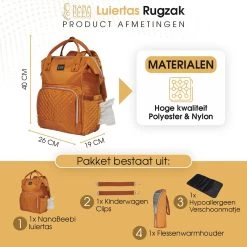 NanaBeebi Luiertas Rugzak Met Verschoonmatje - Cognac - Inclusief Flessenwarmhouder - Kinderwagenhaken En Isoleervak -Babyproducten 1200x1200 433