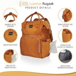 NanaBeebi Luiertas Rugzak Met Verschoonmatje - Cognac - Inclusief Flessenwarmhouder - Kinderwagenhaken En Isoleervak -Babyproducten 1200x1200 434