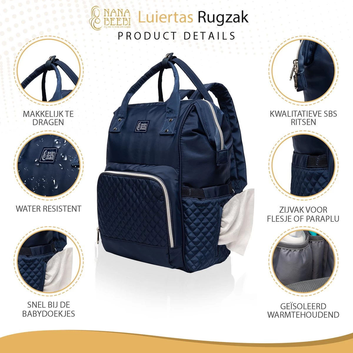 NanaBeebi Luiertas Rugzak Met Verschoonmatje - Blauw - Inclusief Flessenwarmhouder - Kinderwagenhaken En Isoleervak 4 NanaBeebi Luiertas Rugzak Met Verschoonmatje - Blauw - Inclusief Flessenwarmhouder - Kinderwagenhaken En Isoleervak - Afbeelding 2
