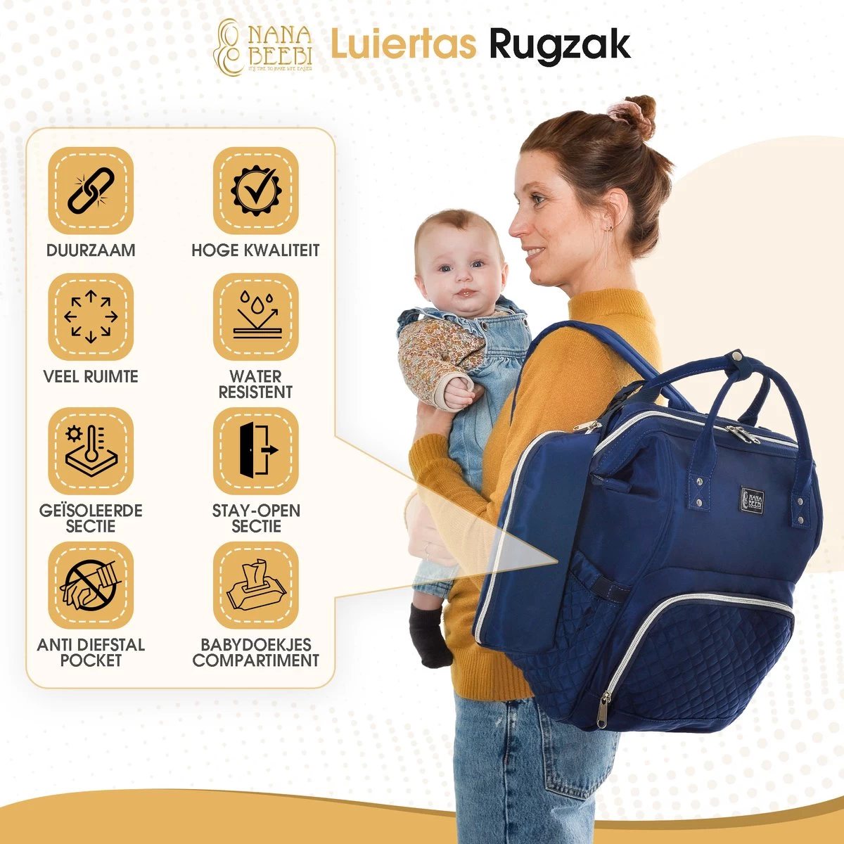 NanaBeebi Luiertas Rugzak Met Verschoonmatje - Blauw - Inclusief Flessenwarmhouder - Kinderwagenhaken En Isoleervak 5 NanaBeebi Luiertas Rugzak Met Verschoonmatje - Blauw - Inclusief Flessenwarmhouder - Kinderwagenhaken En Isoleervak - Afbeelding 3