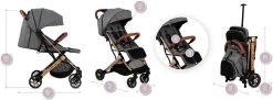 MoMi Wandelwagen - Compacte Lichtgewicht Buggy - Estelle - Gray-Gold (geschikt Van 6mnd - 15kg) -Babyproducten 1200x443