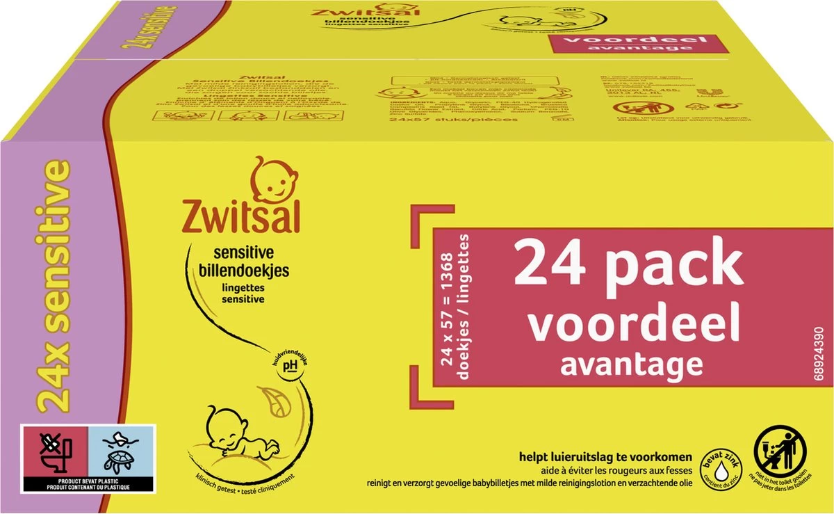 Zwitsal Baby Sensitive Billendoekjes Alcoholvrij - 1368 Doekjes - Voordeelverpakking 4 Zwitsal Baby Sensitive Billendoekjes Alcoholvrij - 1368 Doekjes - Voordeelverpakking - Afbeelding 2