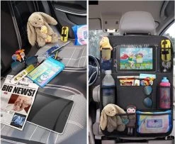 Merkloos Autostoel Organizer + Opvouwbare Mini Prullenbak Bundel - Musthave Voor Uw Autovakantie! - IPad/Tablet Houder - Opvouwbaar - Inklapbaar - Rugleuning - Auto Opbergsysteem - Kinderen - Waterafstotend - Prullenmand - Licht - Opberg - Universeel - Handig -Babyproducten 1200x986