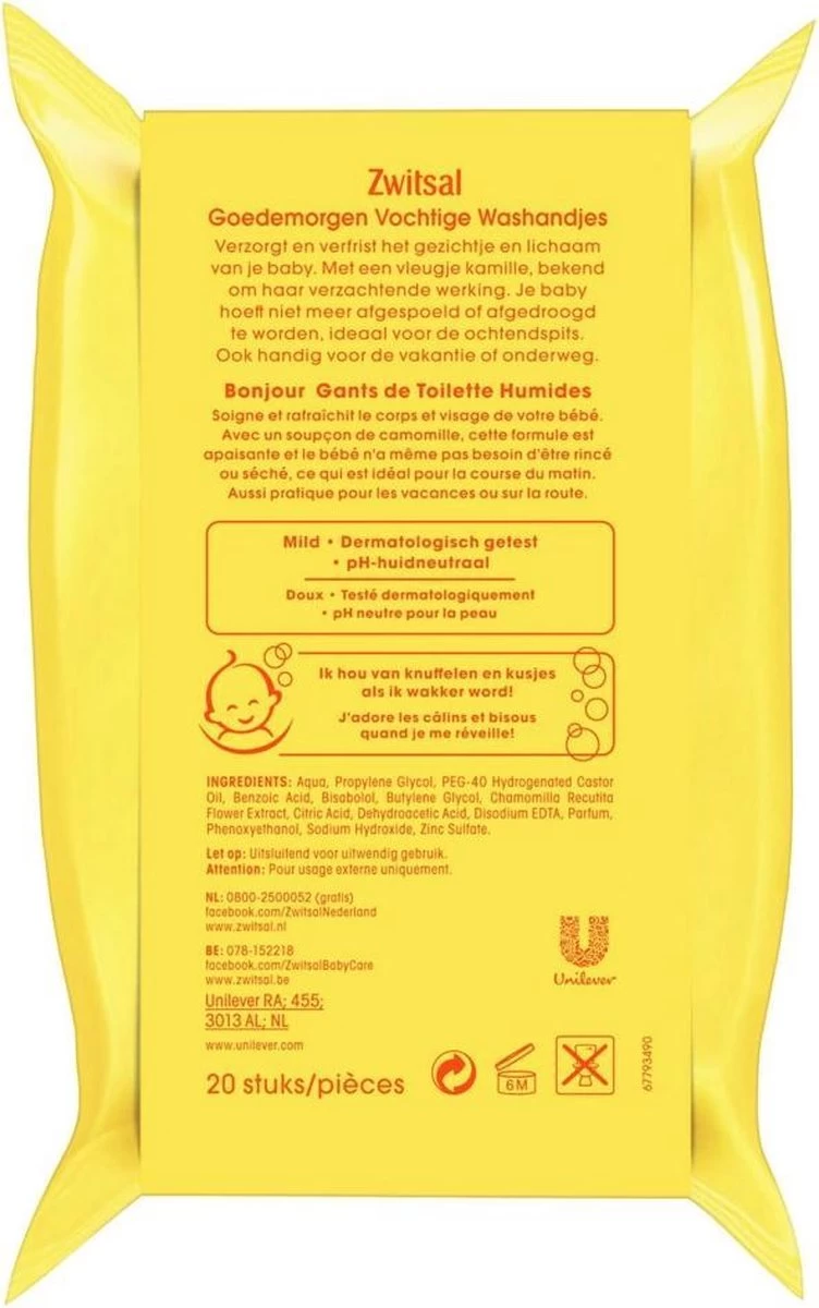 Zwitsal Goedemorgen Baby Vochtige Washandjes - 20 Stuks 4 Zwitsal Goedemorgen Baby Vochtige Washandjes - 20 Stuks - Afbeelding 2