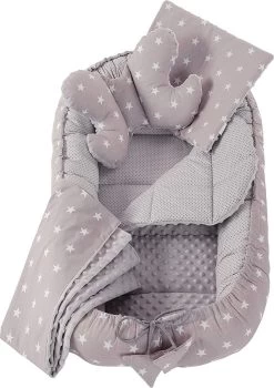 Medi Partners Knuffel Nest Set, Incl. Baby Nest 90x50 Verwijderbare Insert Deken, Plat Kussen En Vlinder Kussen, 100% Katoen, Grijs, Large, 5 Stuks