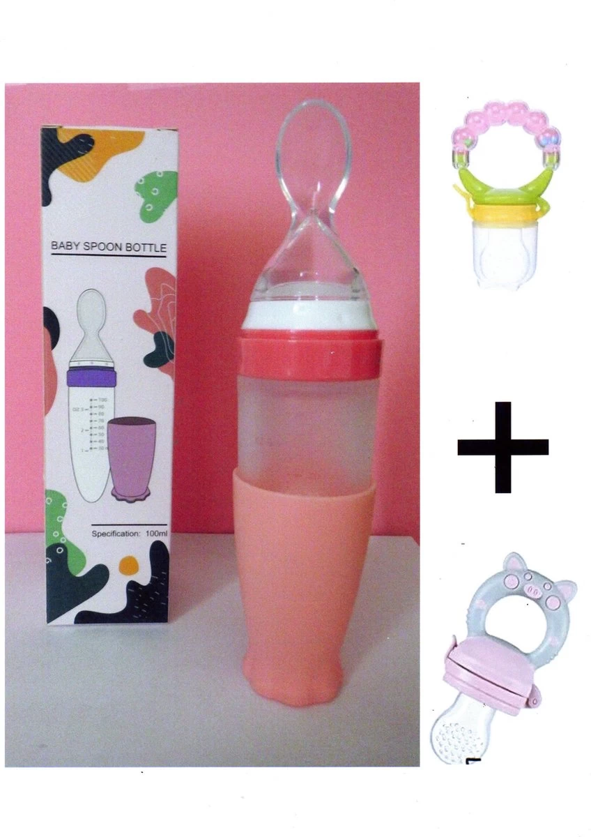 Merkloos Babyfles Met Lepel-baby/kinderbestek-100ml-BPA Vrij + 2 Bijtring/fruitspenen-rose 3 Merkloos Babyfles Met Lepel-baby/kinderbestek-100ml-BPA Vrij + 2 Bijtring/fruitspenen-rose