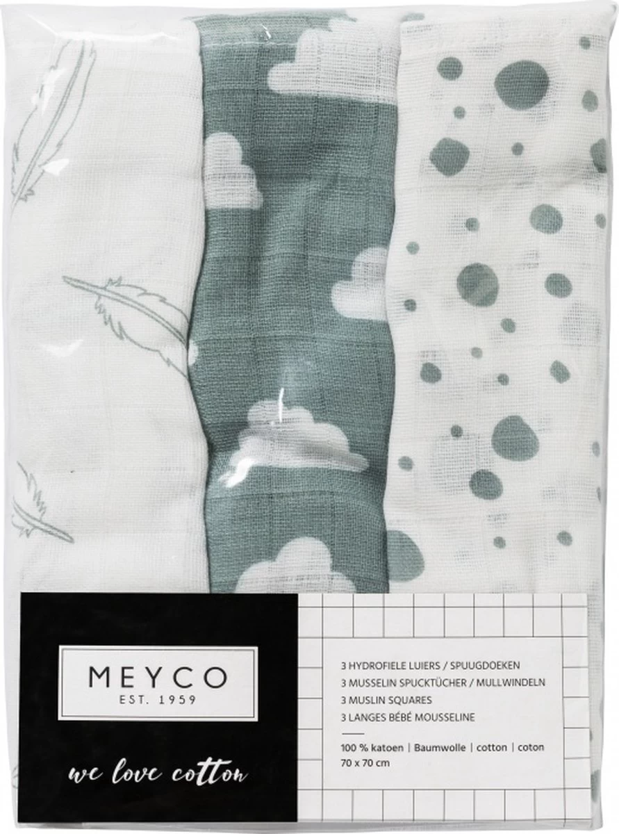 Meyco Clouds/Dots/Feathers Hydrofiele Doeken - 3-pack - Stone Green - 70x70cm 3 Meyco Clouds/Dots/Feathers Hydrofiele Doeken - 3-pack - Stone Green - 70x70cm