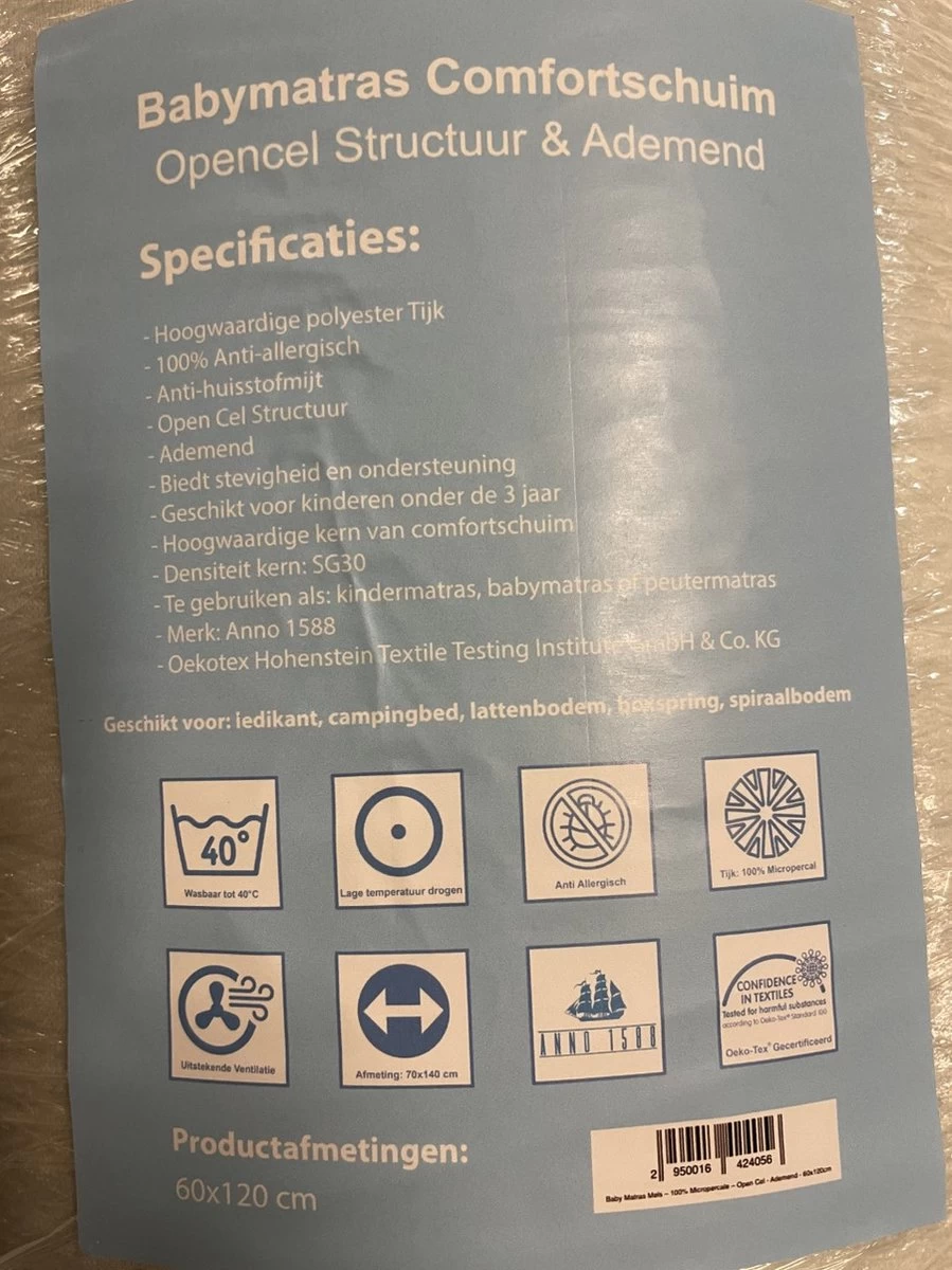 Baby Matras Mels – 100% Micropercale – Open Cel Ademend – Anti Verstikkend – Kindermatras 60x120 Cm 4 Baby Matras Mels – 100% Micropercale – Open Cel Ademend – Anti Verstikkend – Kindermatras 60x120 Cm - Afbeelding 2