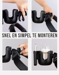 Merkloos Allernieuwste Universele Bekerhouder PLUS Telefoonhouder Voor Kinderwagen, Buggy En Fiets - Kinderwagen Accessoires - Combi 2-in-1 - ZWART -Babyproducten 945x1200 4