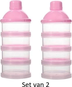 Merkloos Melkpoeder Doseerdoosje - Set Van 2 - BPA Vrij - Roze - 4 Lagen -Melkpoeder Toren - Babypoeder Bewaarbakje - Reisbox - Dispenser - Poedertoren