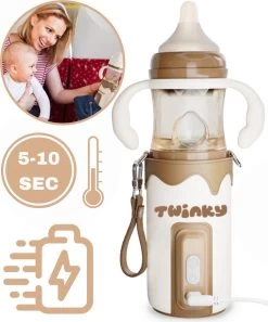 Twinky® Bottlewarmer GO – Draagbare Baby Flessenwarmer Voor Onderweg En Thuis – Incl. PPSU-Kwaliteit Babyflesje + Poederdoosje – USB-C Oplaadbaar
